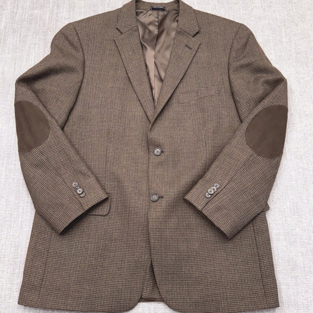 Tommy Hilfiger Mens 42R Brown Wool Houndstooth Blazer Elbow Patches Sport Coat